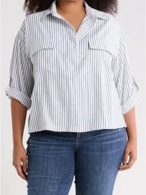 NWT- Max Studio Blue and White Striped Button-Down Shirt
